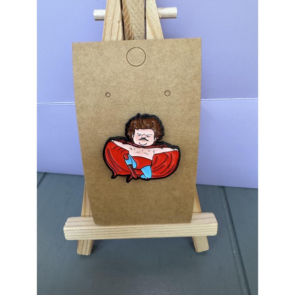 Cartoon Character Red Cape Enamel Lapel Pin Mustache Shirtless Rubber Back